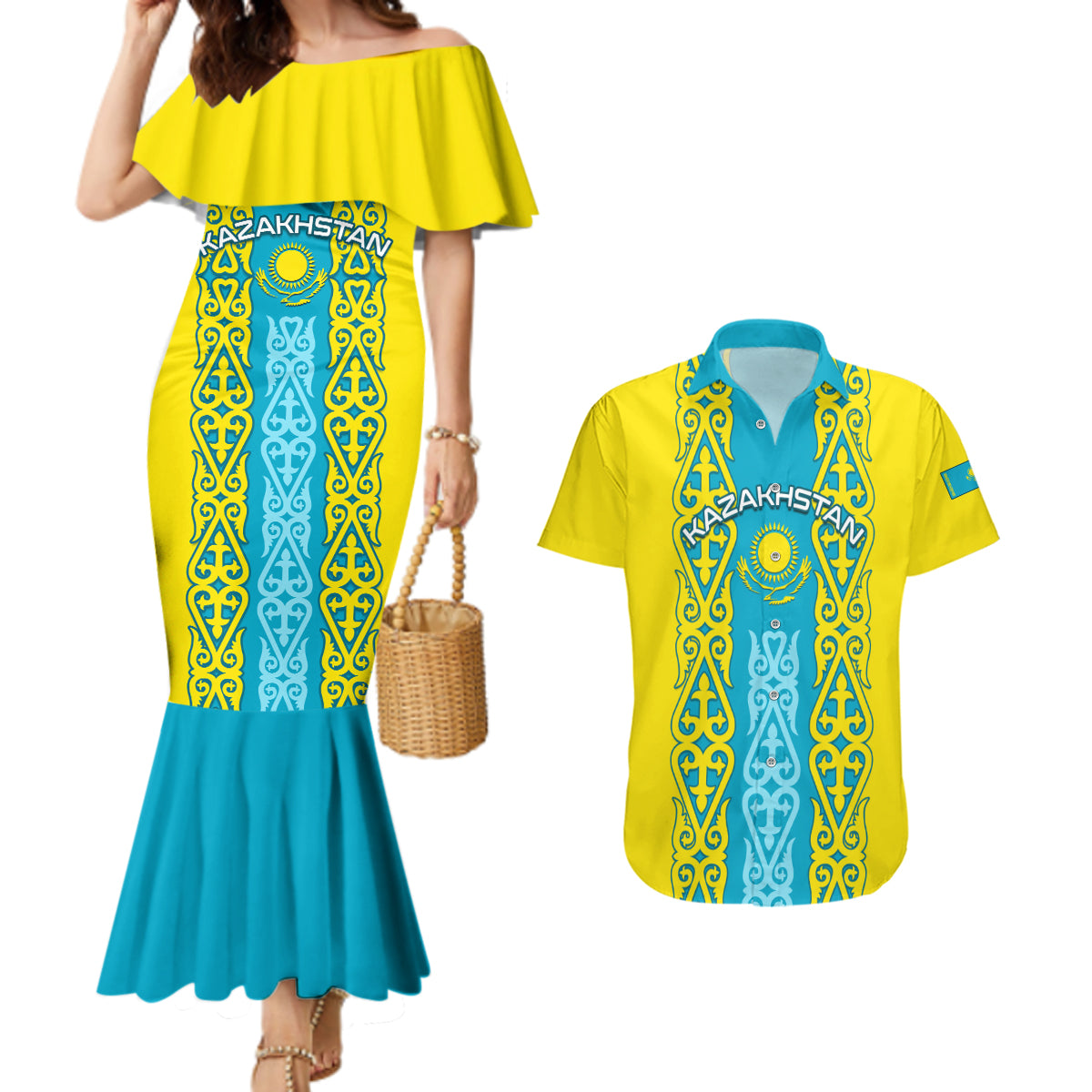 Personalised Kazakhstan Independence Day Couples Matching Mermaid Dress and Hawaiian Shirt Kazakhstanian Coat Of Arms Special Version - Wonder Print Shop