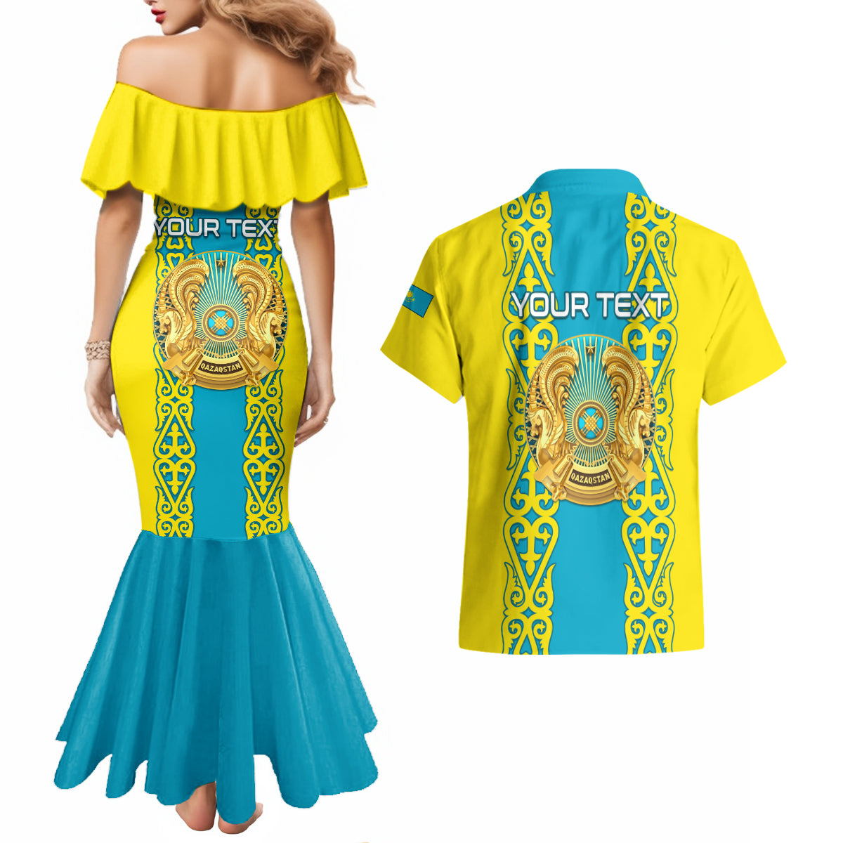 Personalised Kazakhstan Independence Day Couples Matching Mermaid Dress and Hawaiian Shirt Kazakhstanian Coat Of Arms Special Version - Wonder Print Shop