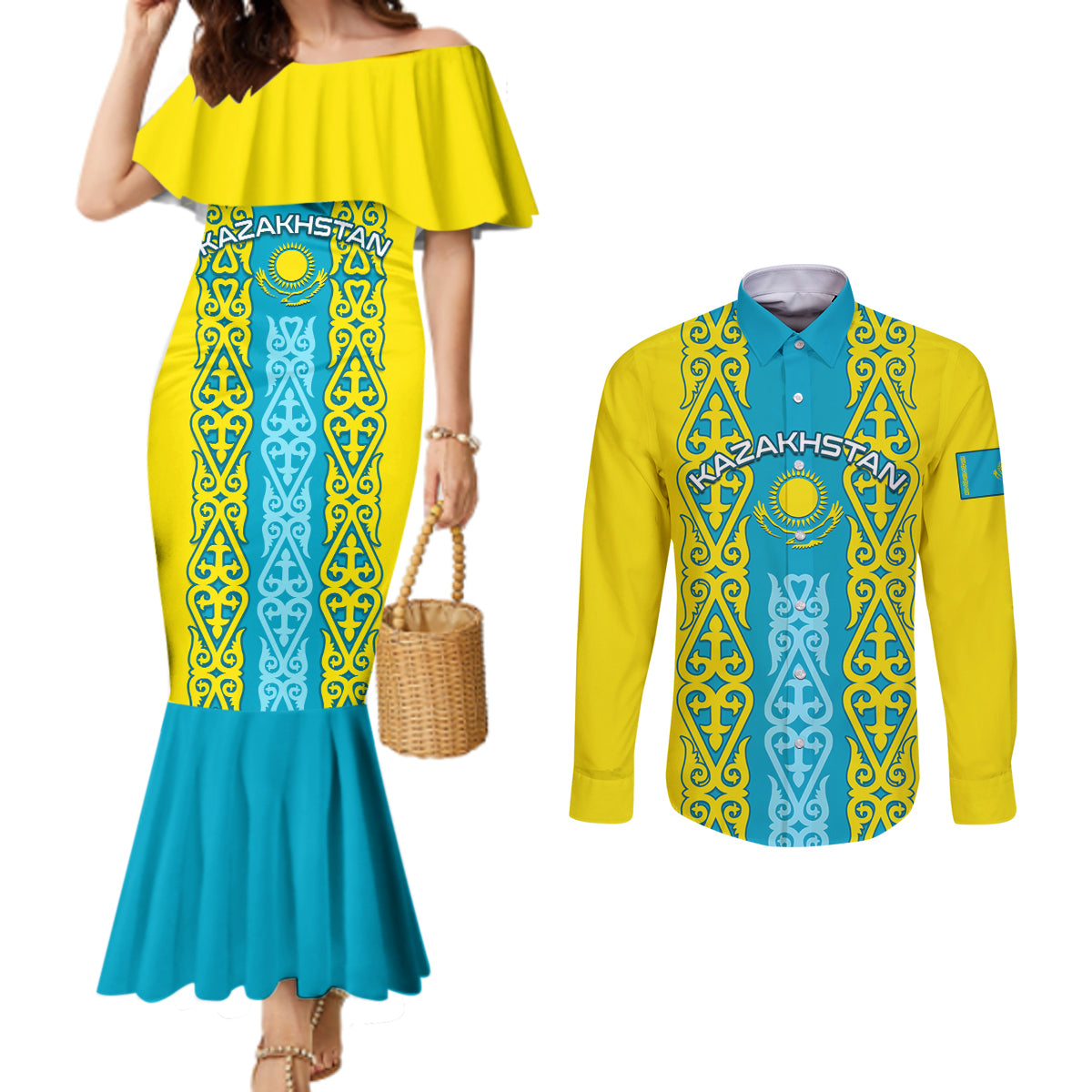 personalised-kazakhstan-independence-day-couples-matching-mermaid-dress-and-long-sleeve-button-shirt-kazakhstanian-coat-of-arms-special-version
