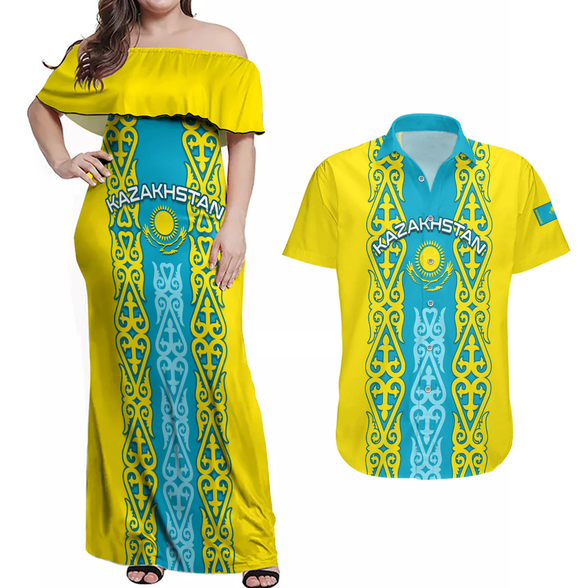 Personalised Kazakhstan Independence Day Couples Matching Off Shoulder Maxi Dress and Hawaiian Shirt Kazakhstanian Coat Of Arms Special Version - Wonder Print Shop