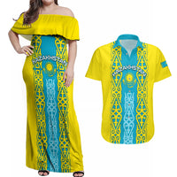 Personalised Kazakhstan Independence Day Couples Matching Off Shoulder Maxi Dress and Hawaiian Shirt Kazakhstanian Coat Of Arms Special Version - Wonder Print Shop