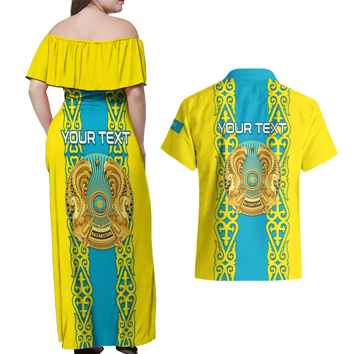 Personalised Kazakhstan Independence Day Couples Matching Off Shoulder Maxi Dress and Hawaiian Shirt Kazakhstanian Coat Of Arms Special Version - Wonder Print Shop