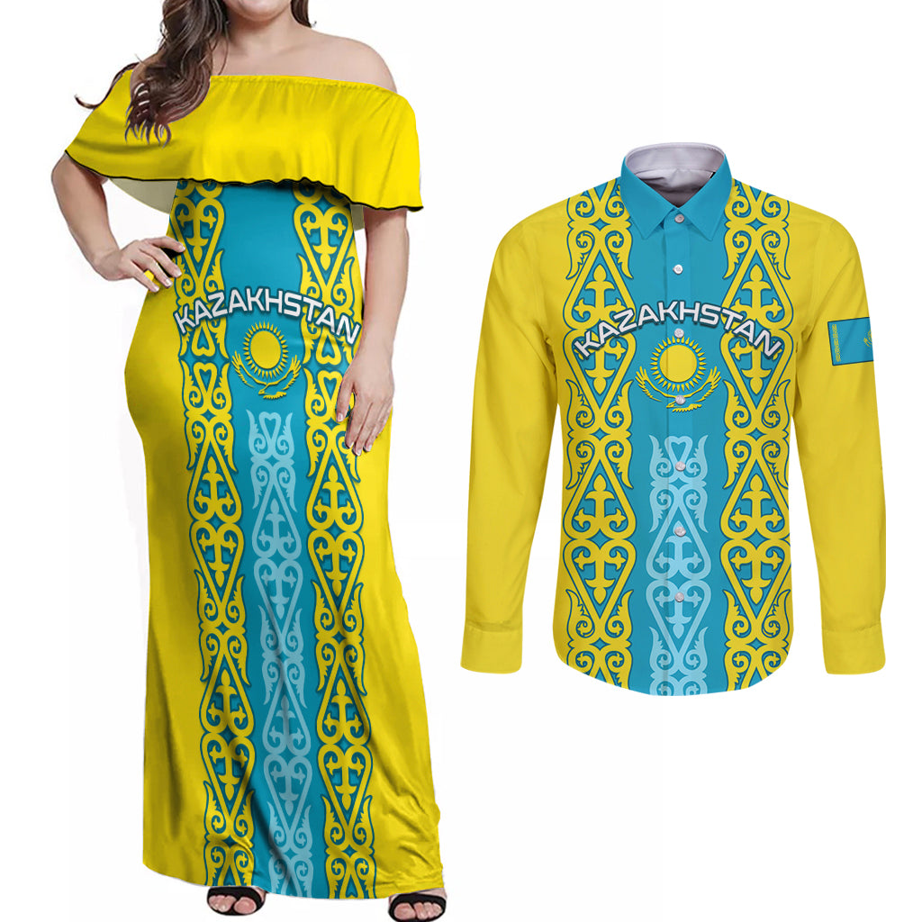 Personalised Kazakhstan Independence Day Couples Matching Off Shoulder Maxi Dress and Long Sleeve Button Shirt Kazakhstanian Coat Of Arms Special Version - Wonder Print Shop