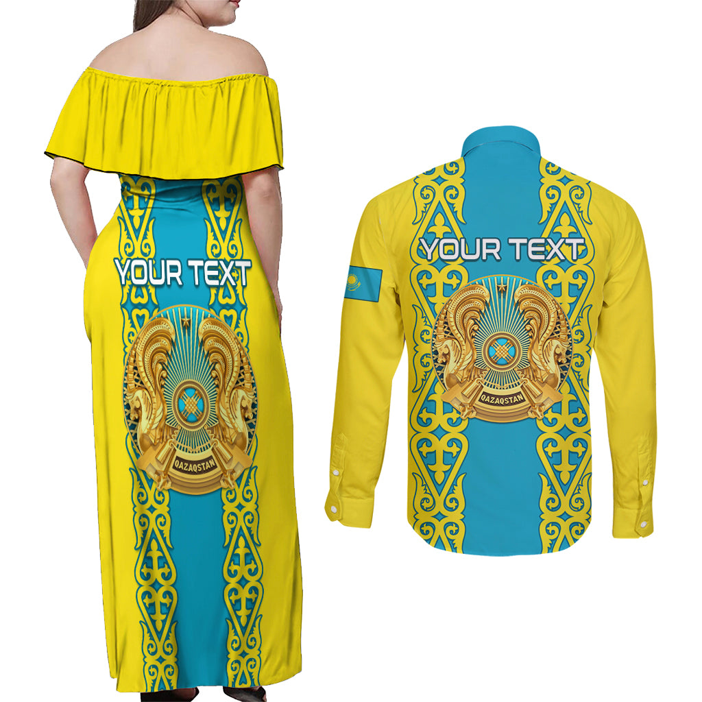 Personalised Kazakhstan Independence Day Couples Matching Off Shoulder Maxi Dress and Long Sleeve Button Shirt Kazakhstanian Coat Of Arms Special Version - Wonder Print Shop