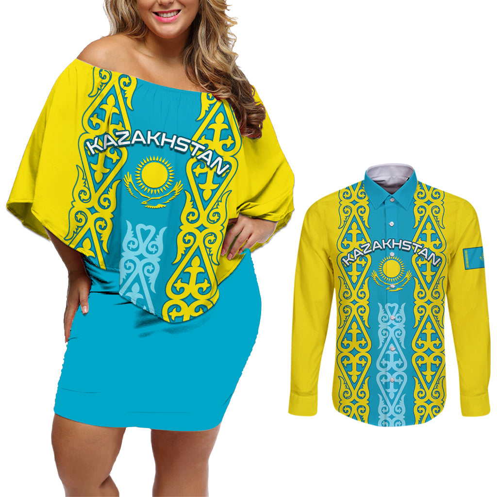 Personalised Kazakhstan Independence Day Couples Matching Off Shoulder Short Dress and Long Sleeve Button Shirt Kazakhstanian Coat Of Arms Special Version - Wonder Print Shop