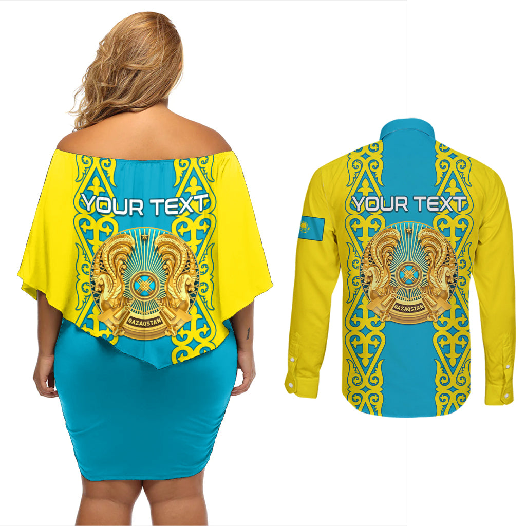 Personalised Kazakhstan Independence Day Couples Matching Off Shoulder Short Dress and Long Sleeve Button Shirt Kazakhstanian Coat Of Arms Special Version - Wonder Print Shop