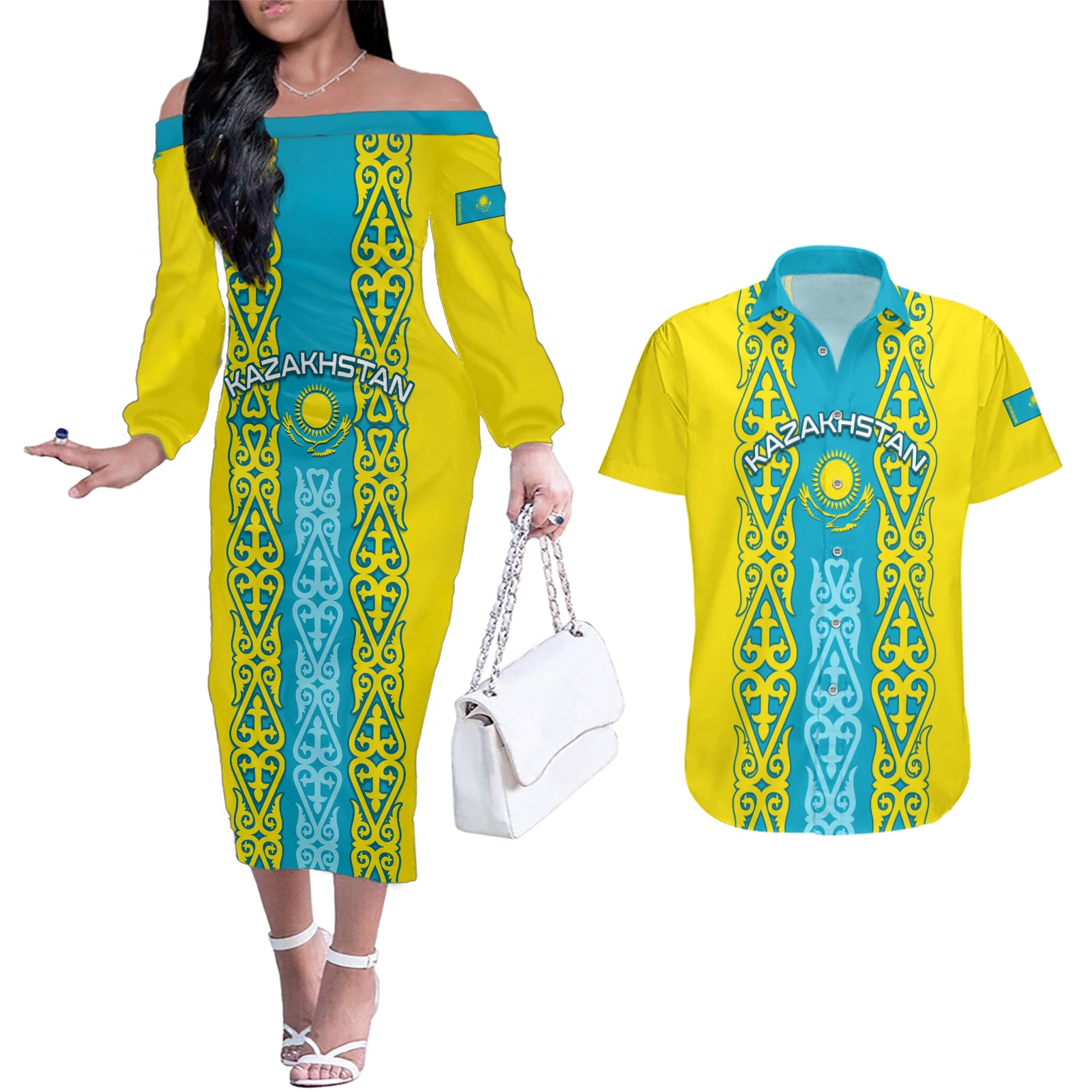 Personalised Kazakhstan Independence Day Couples Matching Off The Shoulder Long Sleeve Dress and Hawaiian Shirt Kazakhstanian Coat Of Arms Special Version - Wonder Print Shop