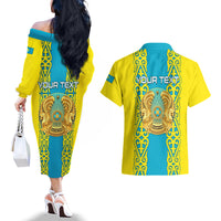 Personalised Kazakhstan Independence Day Couples Matching Off The Shoulder Long Sleeve Dress and Hawaiian Shirt Kazakhstanian Coat Of Arms Special Version - Wonder Print Shop