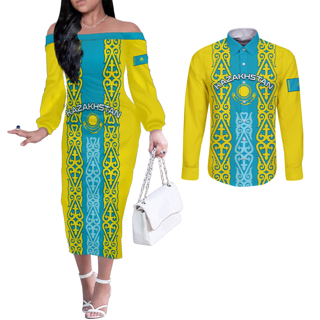 personalised-kazakhstan-independence-day-couples-matching-off-the-shoulder-long-sleeve-dress-and-long-sleeve-button-shirt-kazakhstanian-coat-of-arms-special-version