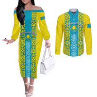 personalised-kazakhstan-independence-day-couples-matching-off-the-shoulder-long-sleeve-dress-and-long-sleeve-button-shirt-kazakhstanian-coat-of-arms-special-version
