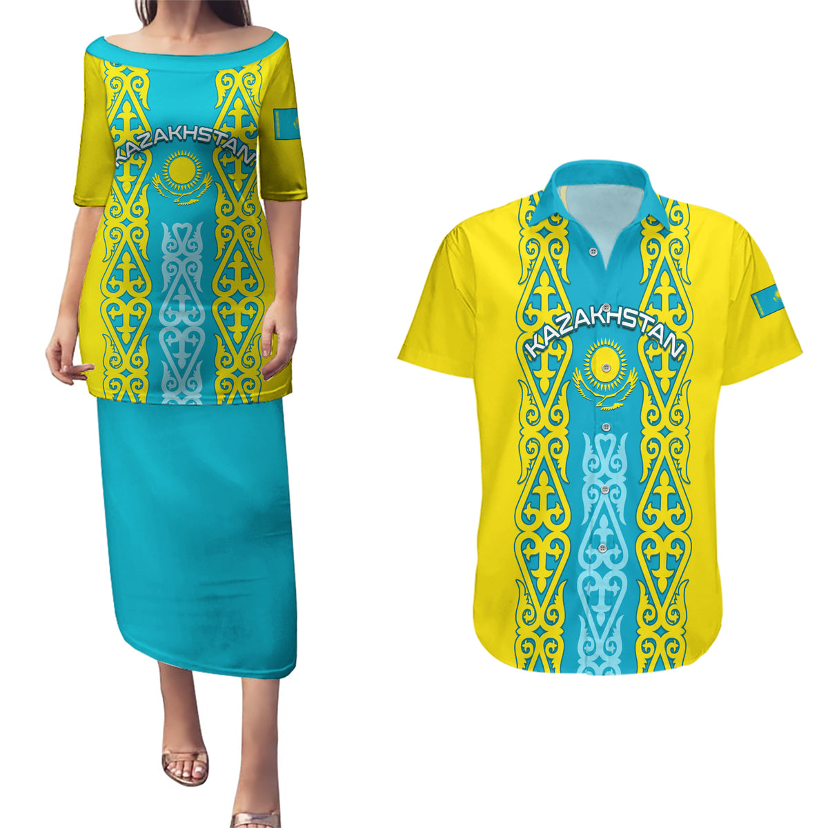 Personalised Kazakhstan Independence Day Couples Matching Puletasi Dress and Hawaiian Shirt Kazakhstanian Coat Of Arms Special Version - Wonder Print Shop