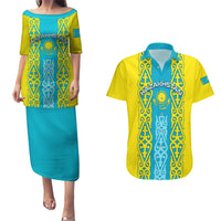 Personalised Kazakhstan Independence Day Couples Matching Puletasi Dress and Hawaiian Shirt Kazakhstanian Coat Of Arms Special Version - Wonder Print Shop