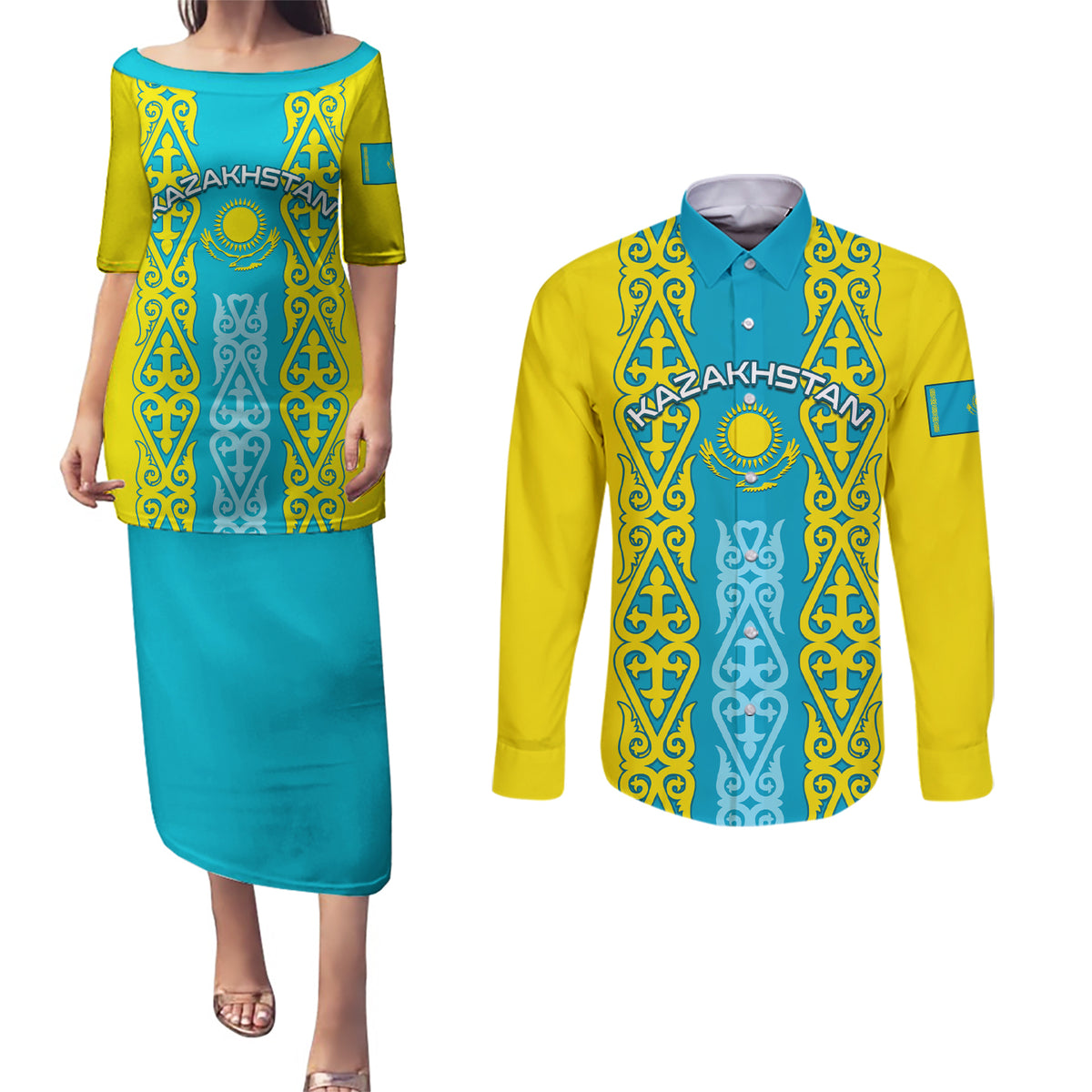 Personalised Kazakhstan Independence Day Couples Matching Puletasi Dress and Long Sleeve Button Shirt Kazakhstanian Coat Of Arms Special Version - Wonder Print Shop