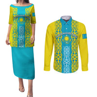 Personalised Kazakhstan Independence Day Couples Matching Puletasi Dress and Long Sleeve Button Shirt Kazakhstanian Coat Of Arms Special Version - Wonder Print Shop