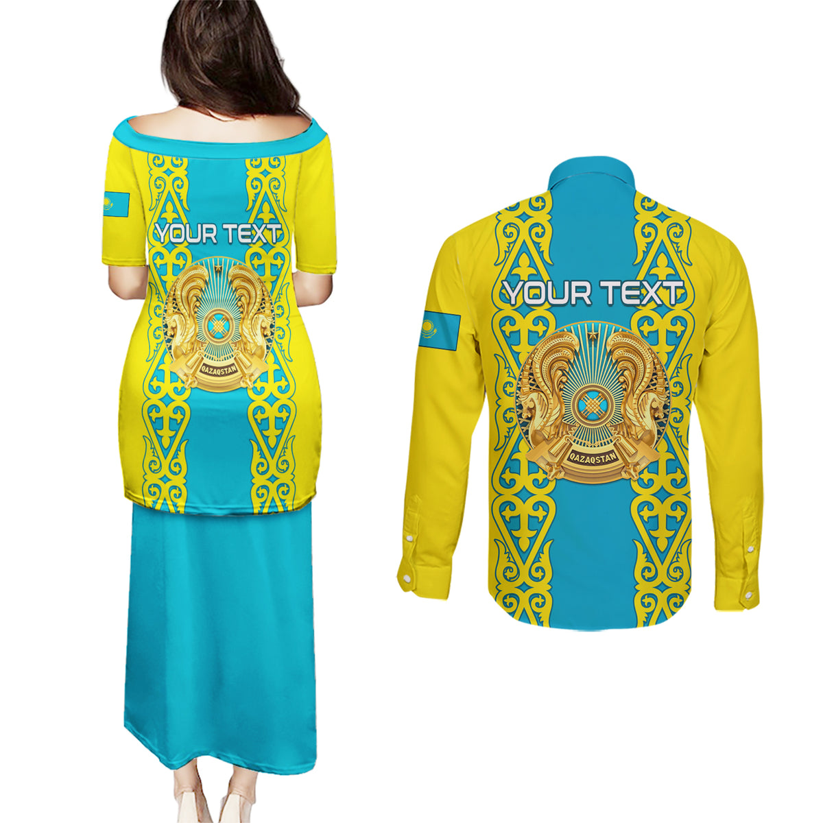 Personalised Kazakhstan Independence Day Couples Matching Puletasi Dress and Long Sleeve Button Shirt Kazakhstanian Coat Of Arms Special Version - Wonder Print Shop