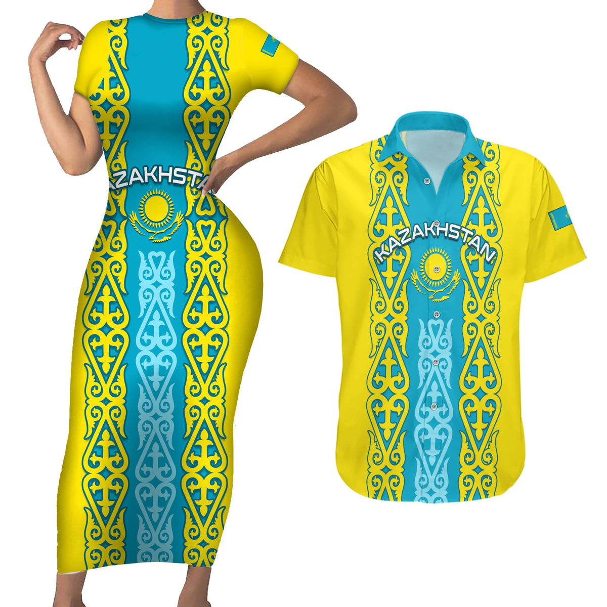 Personalised Kazakhstan Independence Day Couples Matching Short Sleeve Bodycon Dress and Hawaiian Shirt Kazakhstanian Coat Of Arms Special Version - Wonder Print Shop