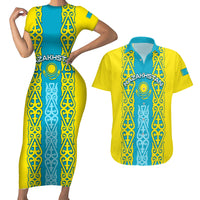 Personalised Kazakhstan Independence Day Couples Matching Short Sleeve Bodycon Dress and Hawaiian Shirt Kazakhstanian Coat Of Arms Special Version - Wonder Print Shop