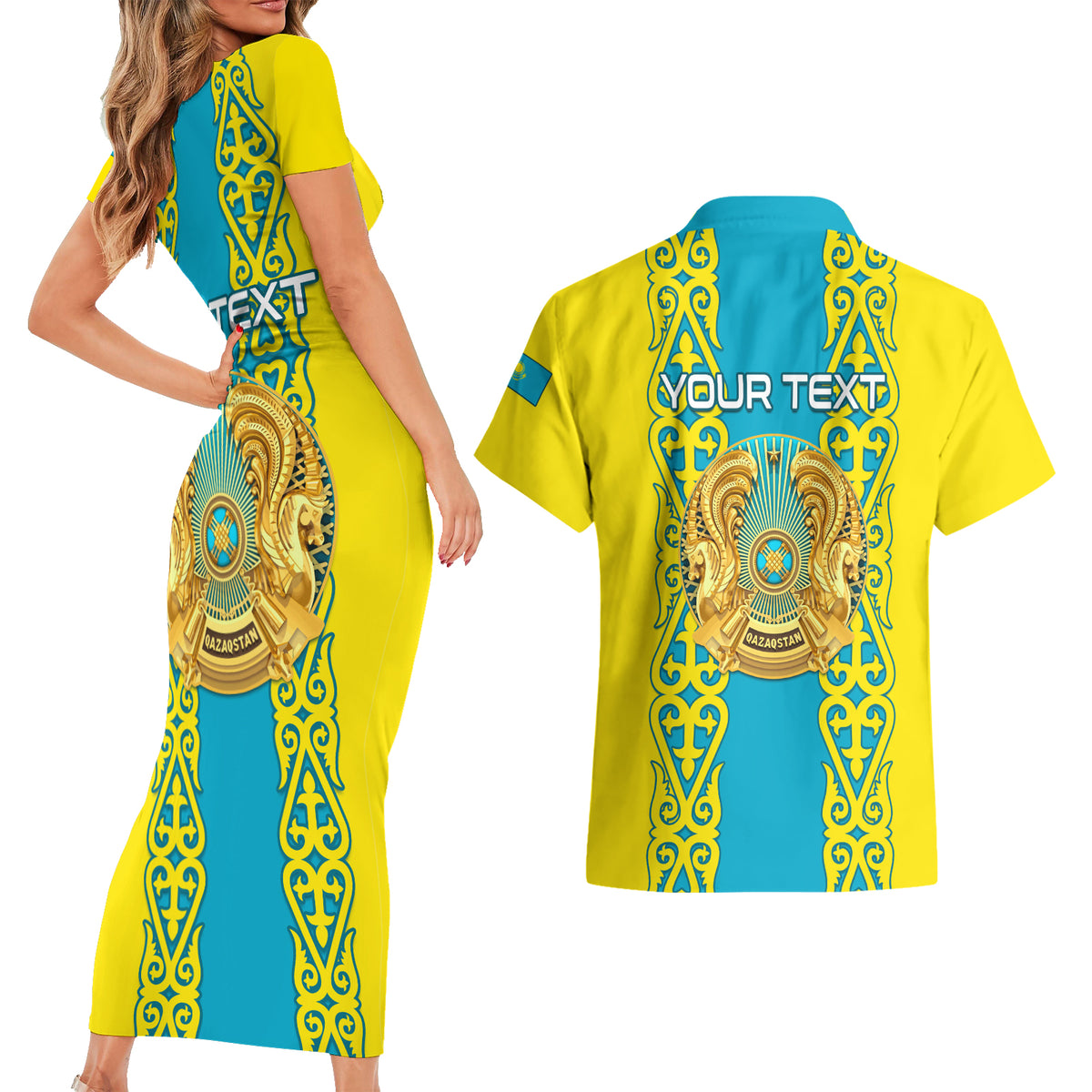 Personalised Kazakhstan Independence Day Couples Matching Short Sleeve Bodycon Dress and Hawaiian Shirt Kazakhstanian Coat Of Arms Special Version - Wonder Print Shop