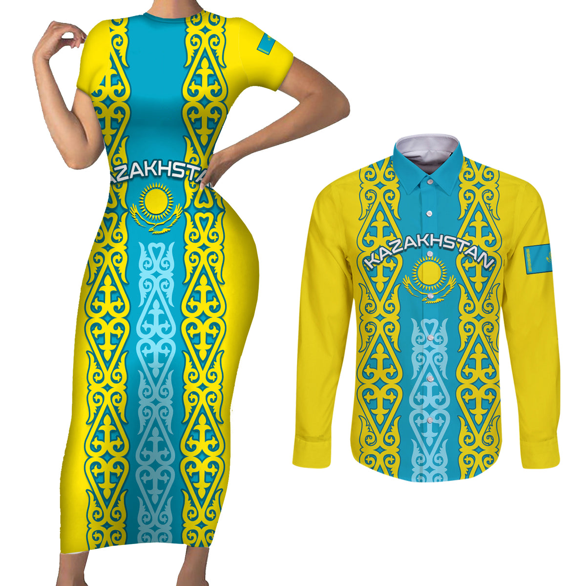 Personalised Kazakhstan Independence Day Couples Matching Short Sleeve Bodycon Dress and Long Sleeve Button Shirt Kazakhstanian Coat Of Arms Special Version - Wonder Print Shop