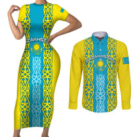Personalised Kazakhstan Independence Day Couples Matching Short Sleeve Bodycon Dress and Long Sleeve Button Shirt Kazakhstanian Coat Of Arms Special Version - Wonder Print Shop