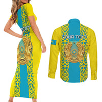 Personalised Kazakhstan Independence Day Couples Matching Short Sleeve Bodycon Dress and Long Sleeve Button Shirt Kazakhstanian Coat Of Arms Special Version - Wonder Print Shop