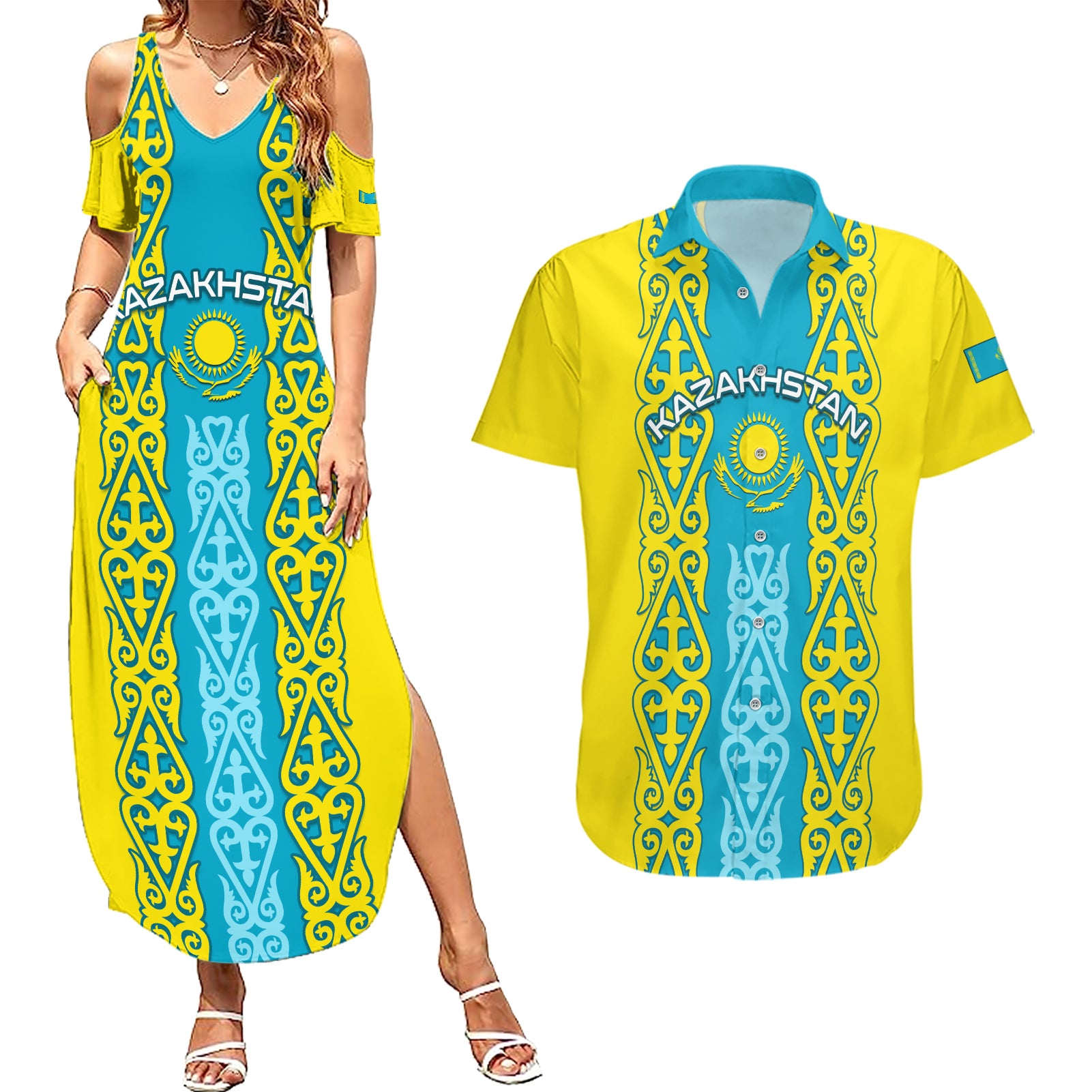 Personalised Kazakhstan Independence Day Couples Matching Summer Maxi Dress and Hawaiian Shirt Kazakhstanian Coat Of Arms Special Version - Wonder Print Shop