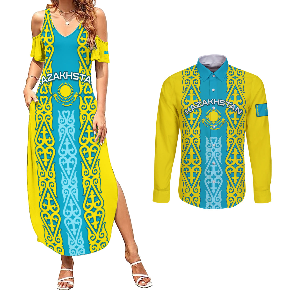 Personalised Kazakhstan Independence Day Couples Matching Summer Maxi Dress and Long Sleeve Button Shirt Kazakhstanian Coat Of Arms Special Version - Wonder Print Shop