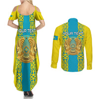 Personalised Kazakhstan Independence Day Couples Matching Summer Maxi Dress and Long Sleeve Button Shirt Kazakhstanian Coat Of Arms Special Version - Wonder Print Shop