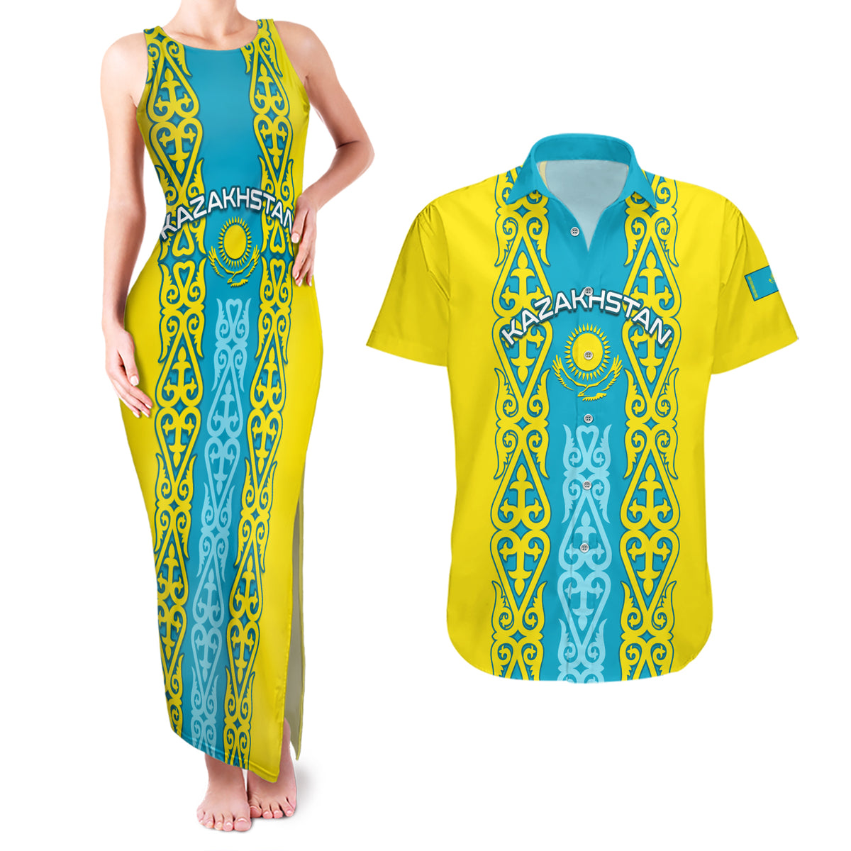 Personalised Kazakhstan Independence Day Couples Matching Tank Maxi Dress and Hawaiian Shirt Kazakhstanian Coat Of Arms Special Version - Wonder Print Shop
