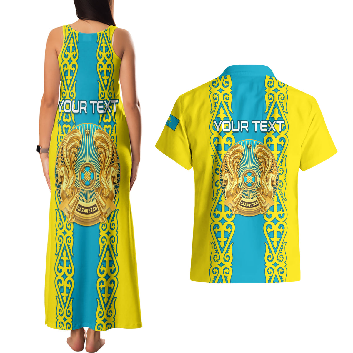 Personalised Kazakhstan Independence Day Couples Matching Tank Maxi Dress and Hawaiian Shirt Kazakhstanian Coat Of Arms Special Version - Wonder Print Shop