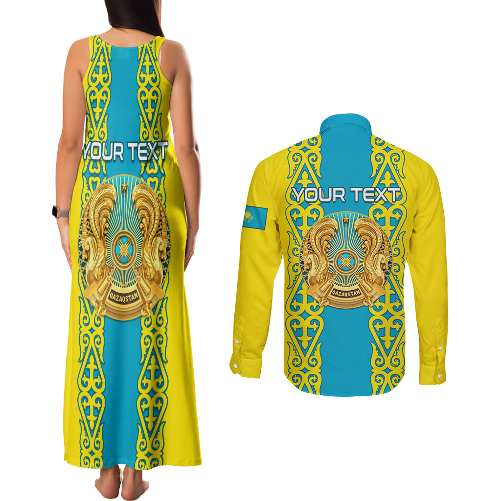 Personalised Kazakhstan Independence Day Couples Matching Tank Maxi Dress and Long Sleeve Button Shirt Kazakhstanian Coat Of Arms Special Version - Wonder Print Shop