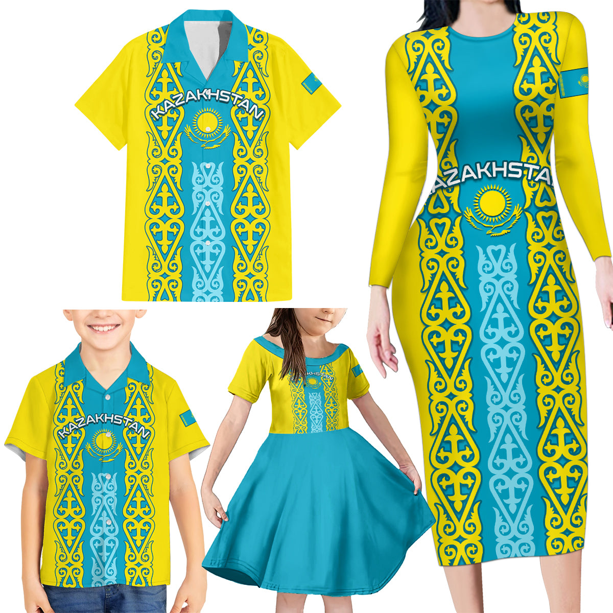 Personalised Kazakhstan Independence Day Family Matching Long Sleeve Bodycon Dress and Hawaiian Shirt Kazakhstanian Coat Of Arms Special Version - Wonder Print Shop