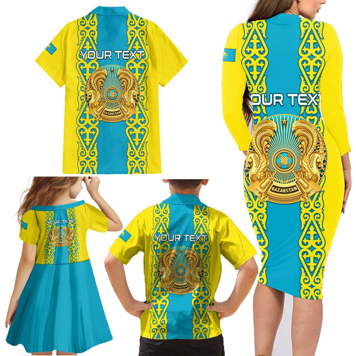 Personalised Kazakhstan Independence Day Family Matching Long Sleeve Bodycon Dress and Hawaiian Shirt Kazakhstanian Coat Of Arms Special Version - Wonder Print Shop