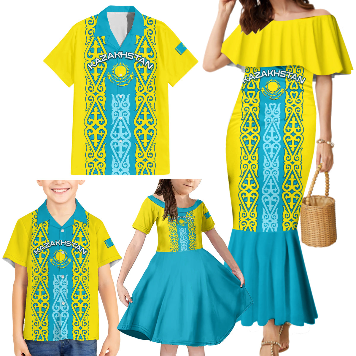 Personalised Kazakhstan Independence Day Family Matching Mermaid Dress and Hawaiian Shirt Kazakhstanian Coat Of Arms Special Version - Wonder Print Shop