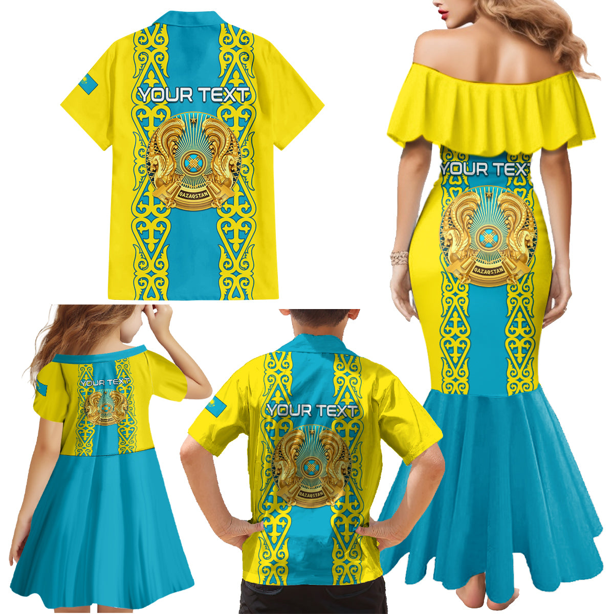 Personalised Kazakhstan Independence Day Family Matching Mermaid Dress and Hawaiian Shirt Kazakhstanian Coat Of Arms Special Version - Wonder Print Shop