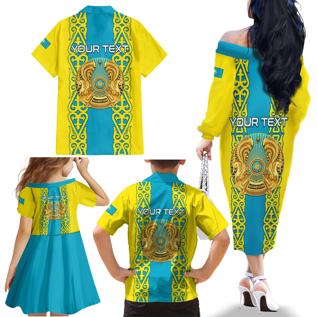 Personalised Kazakhstan Independence Day Family Matching Off Shoulder Long Sleeve Dress and Hawaiian Shirt Kazakhstanian Coat Of Arms Special Version - Wonder Print Shop