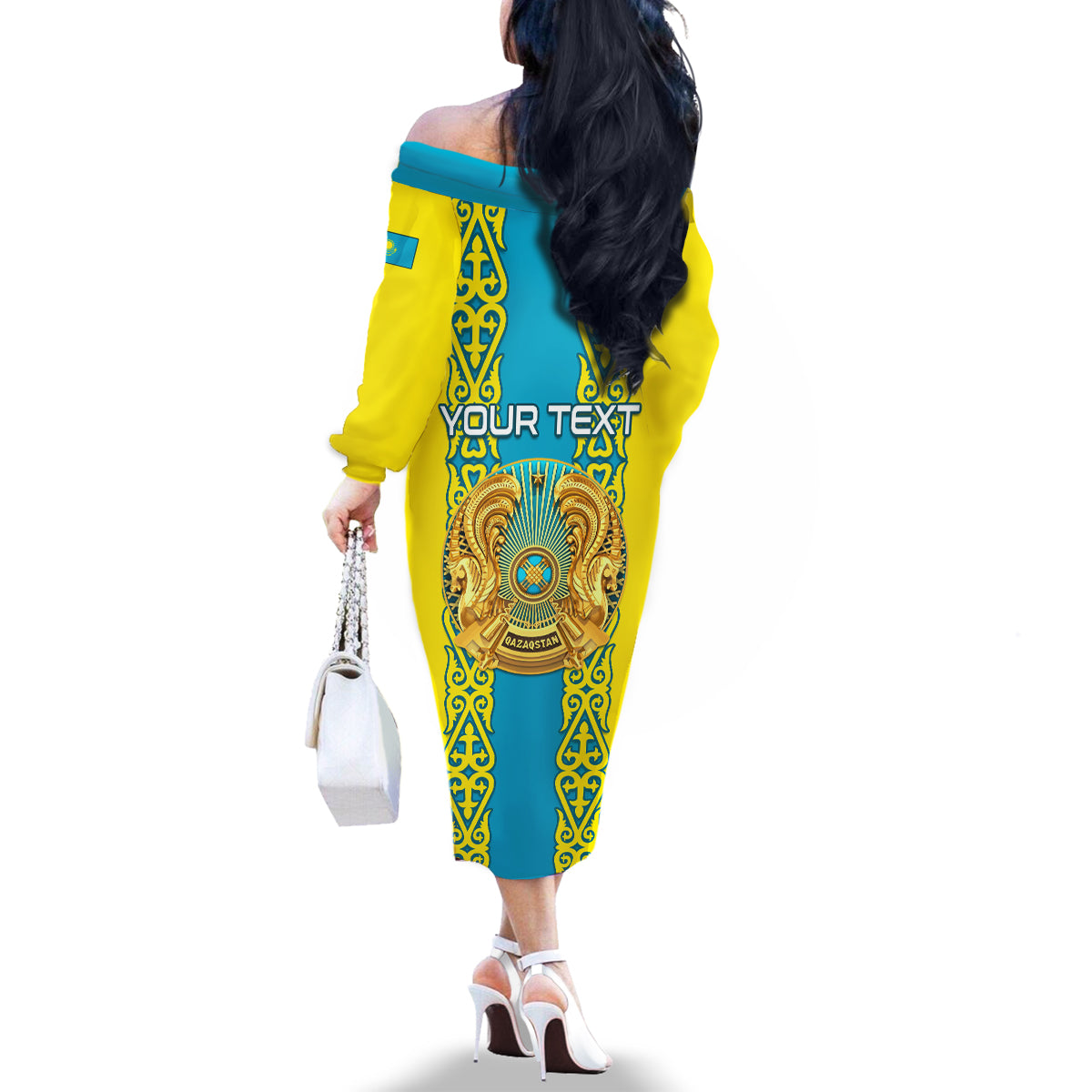 Personalised Kazakhstan Independence Day Family Matching Off Shoulder Long Sleeve Dress and Hawaiian Shirt Kazakhstanian Coat Of Arms Special Version - Wonder Print Shop