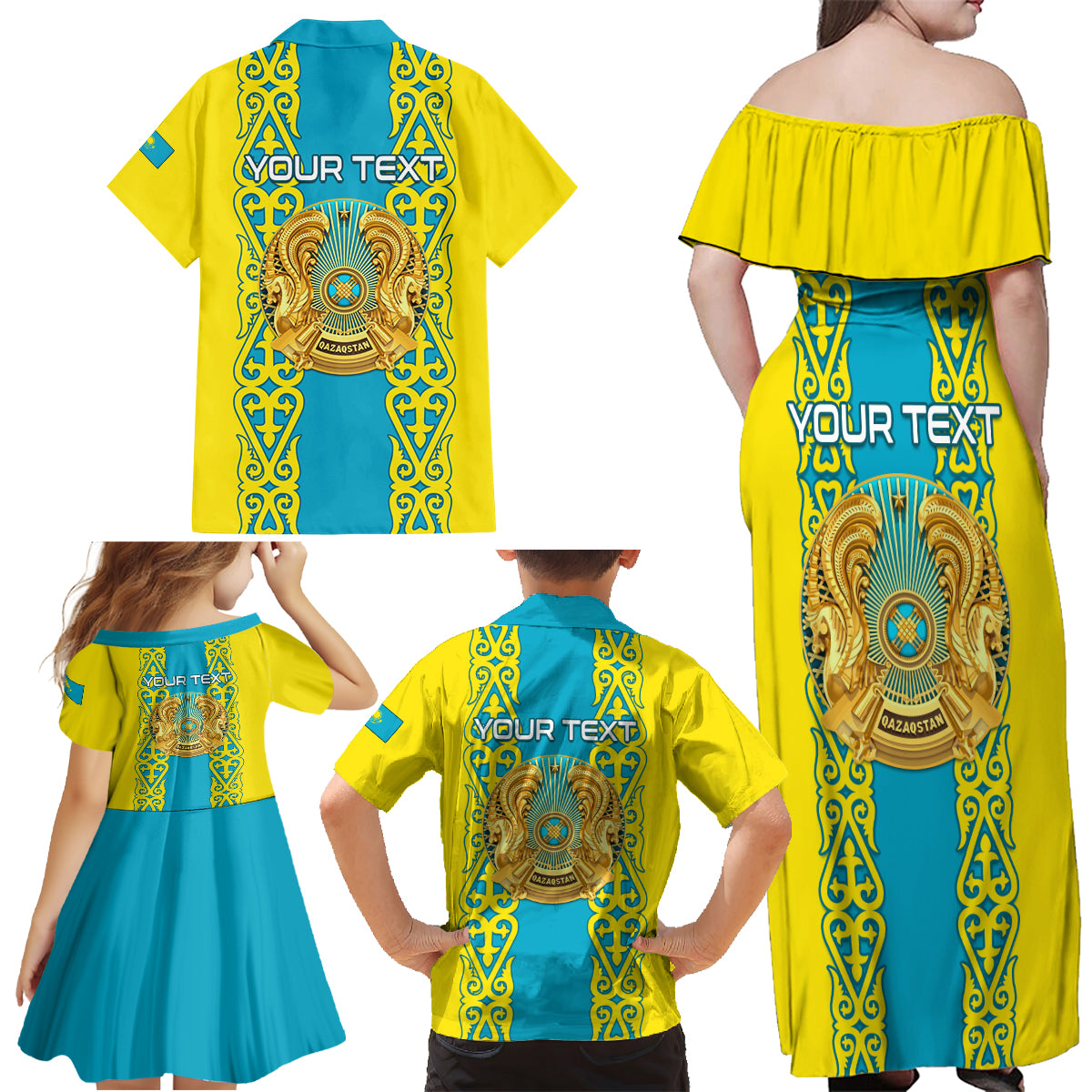 Personalised Kazakhstan Independence Day Family Matching Off Shoulder Maxi Dress and Hawaiian Shirt Kazakhstanian Coat Of Arms Special Version - Wonder Print Shop