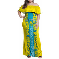 Personalised Kazakhstan Independence Day Family Matching Off Shoulder Maxi Dress and Hawaiian Shirt Kazakhstanian Coat Of Arms Special Version - Wonder Print Shop