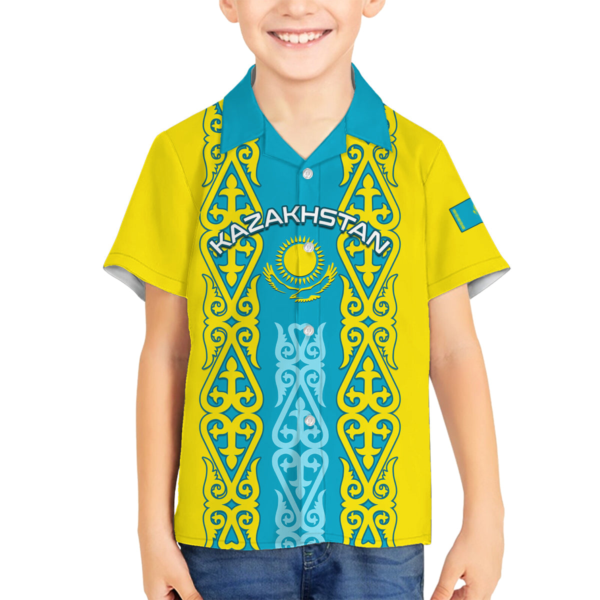 Personalised Kazakhstan Independence Day Family Matching Off Shoulder Maxi Dress and Hawaiian Shirt Kazakhstanian Coat Of Arms Special Version - Wonder Print Shop
