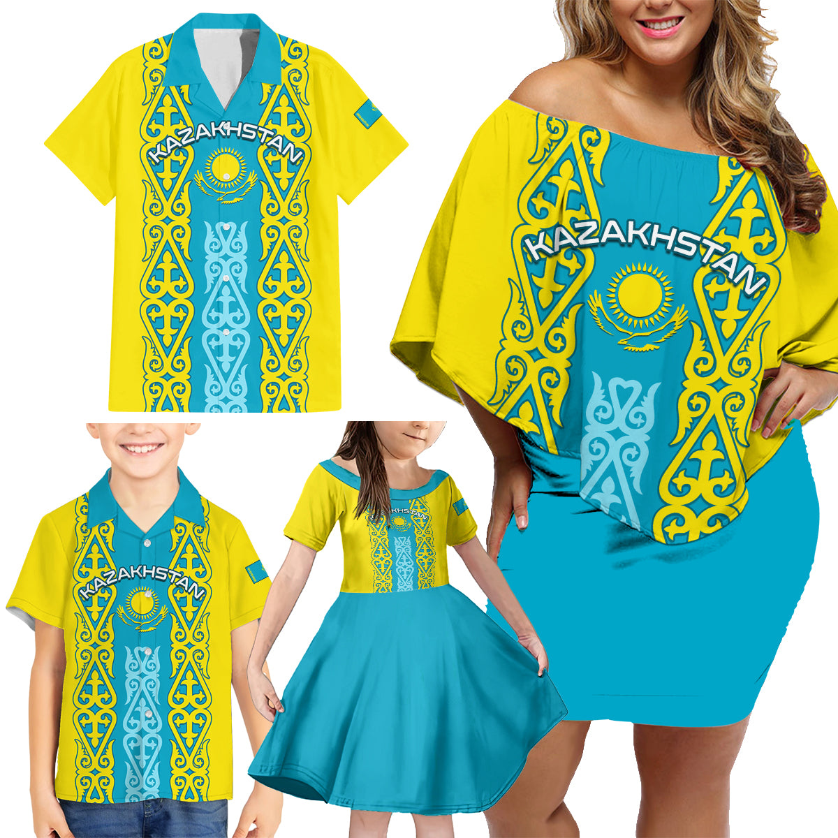 Personalised Kazakhstan Independence Day Family Matching Off Shoulder Short Dress and Hawaiian Shirt Kazakhstanian Coat Of Arms Special Version - Wonder Print Shop