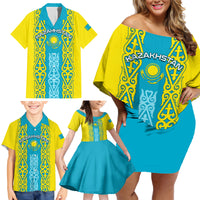 Personalised Kazakhstan Independence Day Family Matching Off Shoulder Short Dress and Hawaiian Shirt Kazakhstanian Coat Of Arms Special Version - Wonder Print Shop