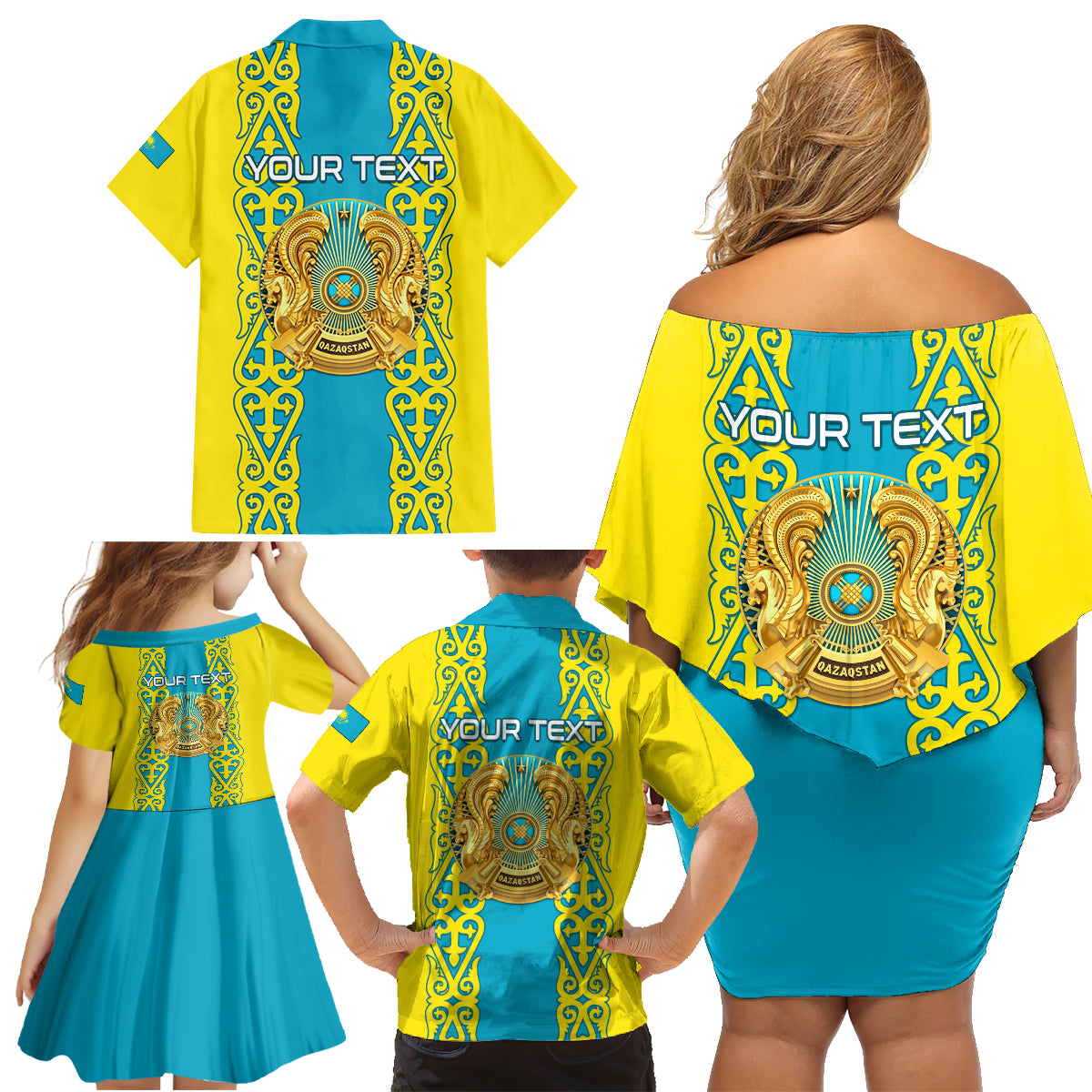 Personalised Kazakhstan Independence Day Family Matching Off Shoulder Short Dress and Hawaiian Shirt Kazakhstanian Coat Of Arms Special Version - Wonder Print Shop