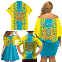Personalised Kazakhstan Independence Day Family Matching Off Shoulder Short Dress and Hawaiian Shirt Kazakhstanian Coat Of Arms Special Version - Wonder Print Shop