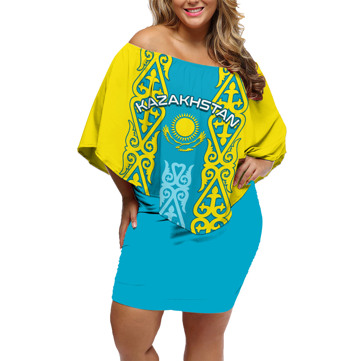 Personalised Kazakhstan Independence Day Family Matching Off Shoulder Short Dress and Hawaiian Shirt Kazakhstanian Coat Of Arms Special Version - Wonder Print Shop