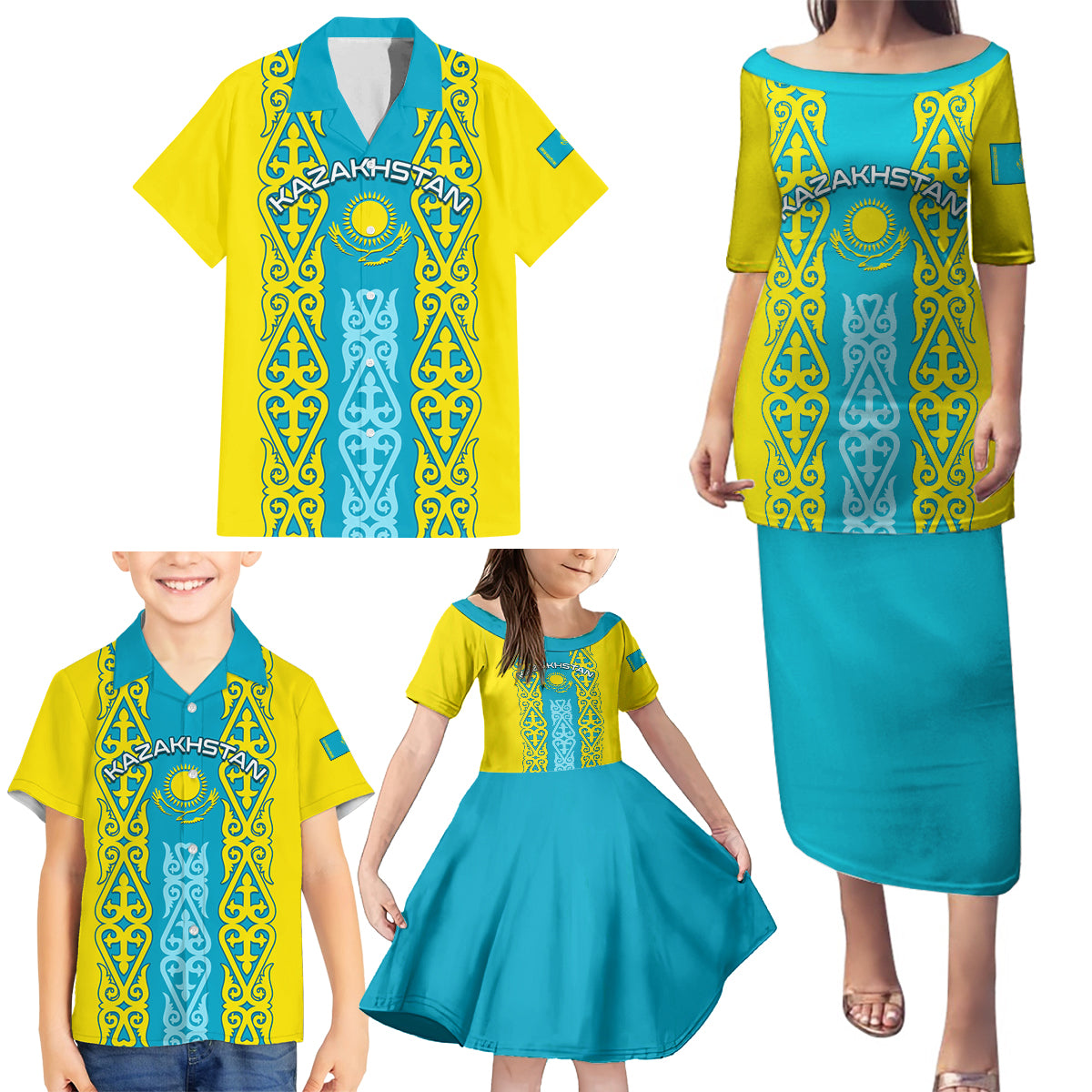 Personalised Kazakhstan Independence Day Family Matching Puletasi Dress and Hawaiian Shirt Kazakhstanian Coat Of Arms Special Version - Wonder Print Shop