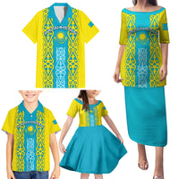 Personalised Kazakhstan Independence Day Family Matching Puletasi Dress and Hawaiian Shirt Kazakhstanian Coat Of Arms Special Version - Wonder Print Shop
