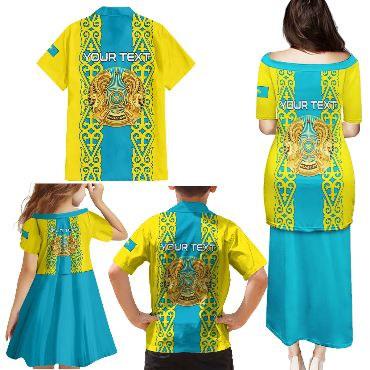 Personalised Kazakhstan Independence Day Family Matching Puletasi Dress and Hawaiian Shirt Kazakhstanian Coat Of Arms Special Version - Wonder Print Shop