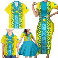 Personalised Kazakhstan Independence Day Family Matching Short Sleeve Bodycon Dress and Hawaiian Shirt Kazakhstanian Coat Of Arms Special Version - Wonder Print Shop