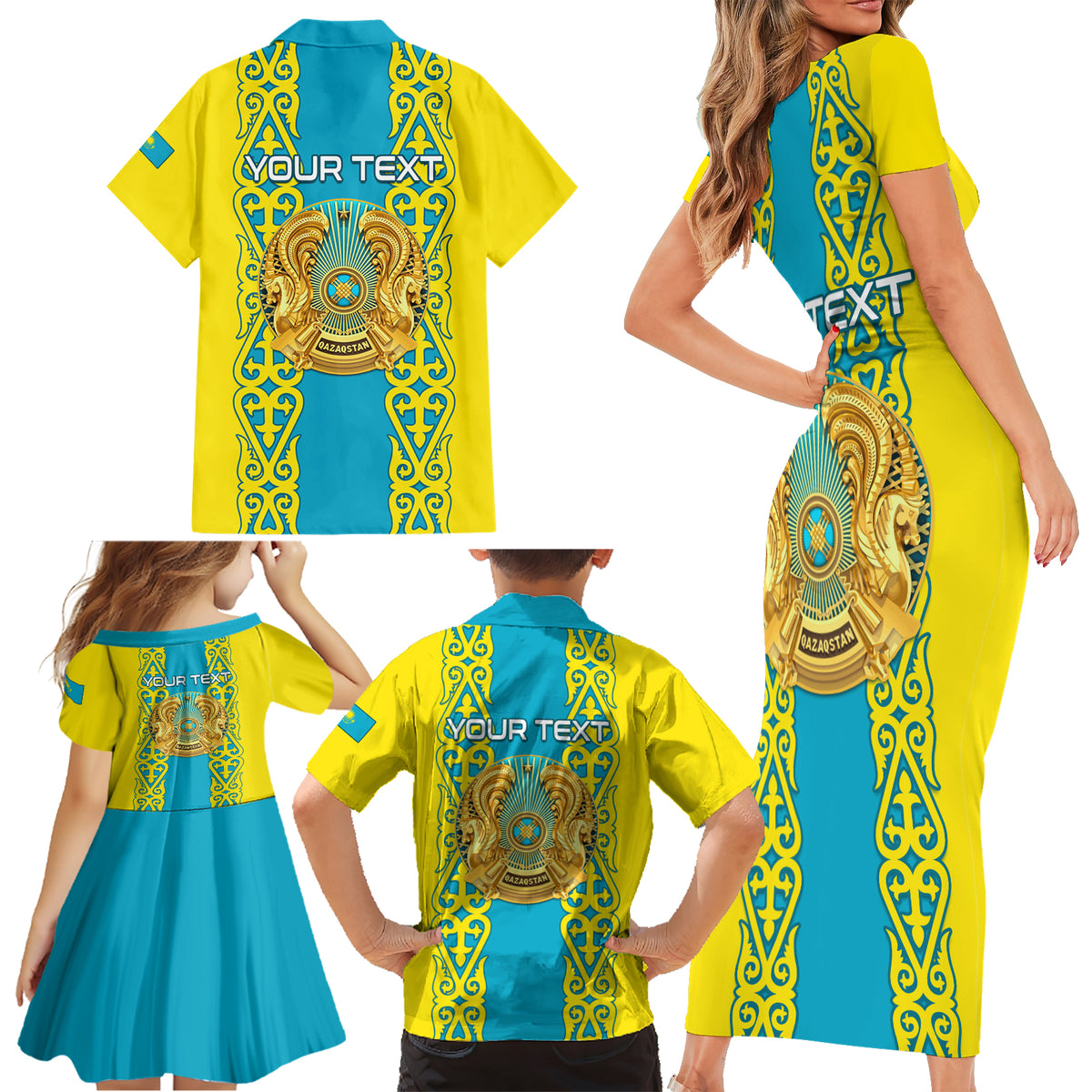 Personalised Kazakhstan Independence Day Family Matching Short Sleeve Bodycon Dress and Hawaiian Shirt Kazakhstanian Coat Of Arms Special Version - Wonder Print Shop